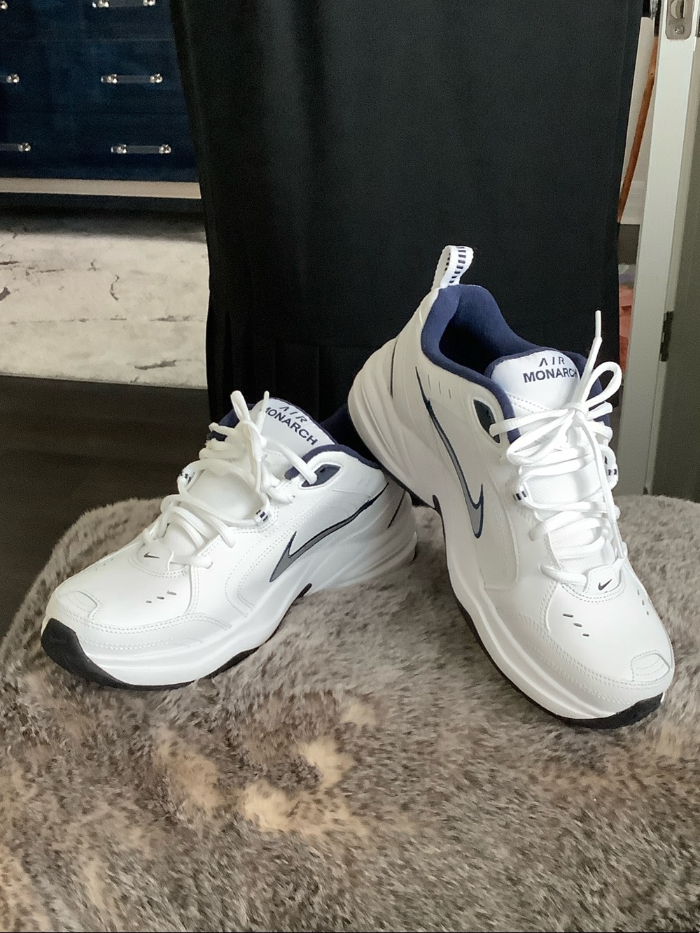 Nike Air Monarch Men’s White and Navy Athletic Sneakers